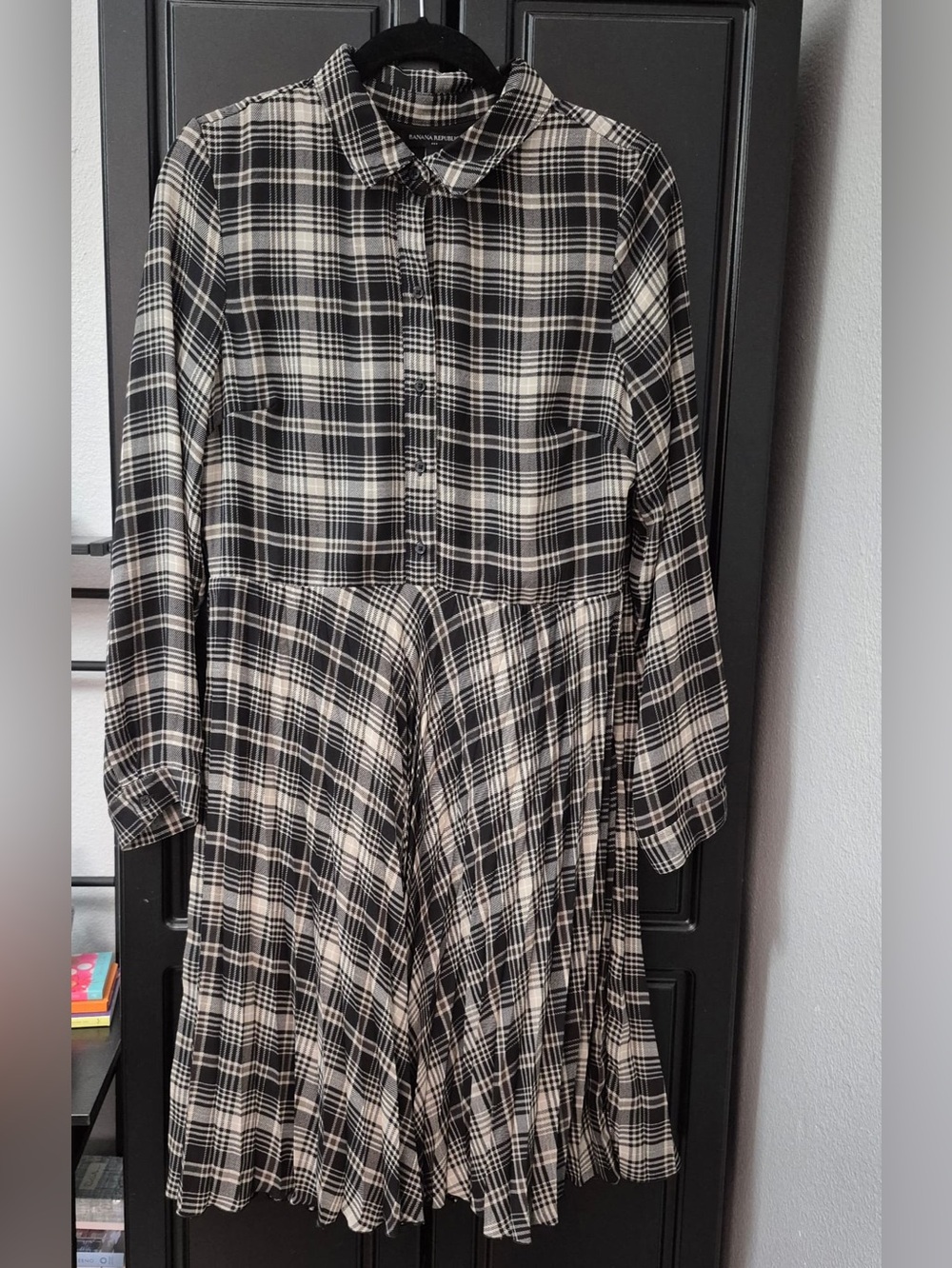 Black and Cream Plaid Long Sleeve Dress